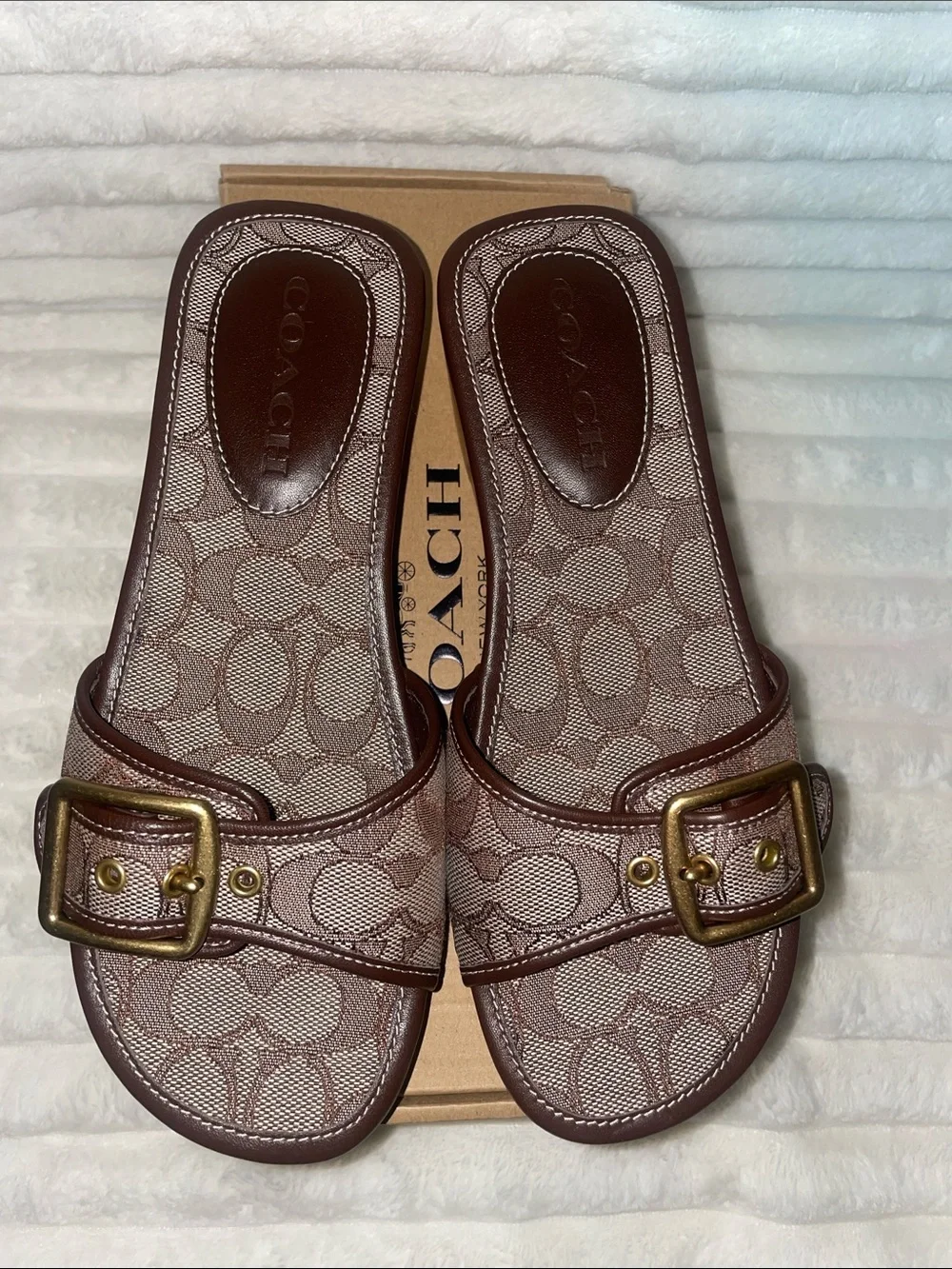 NIB Coach Margot Signature Oak/Maple Jacquard Wooden Platform Sandal Women’s 7